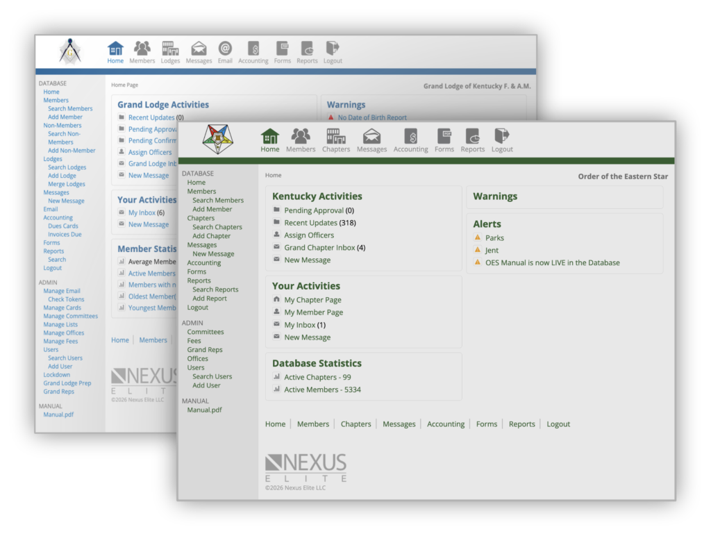 Screen Shots of Grand Lodge and Eastern Star Home Pages.