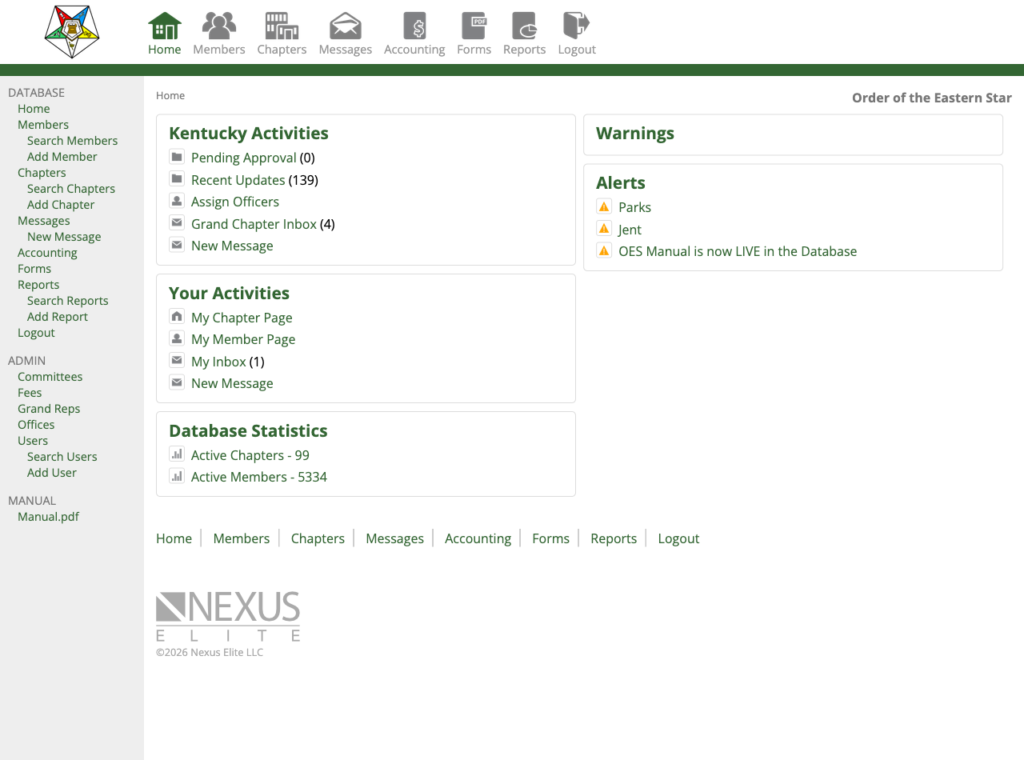 Nexus Elite Eastern Star database home screen