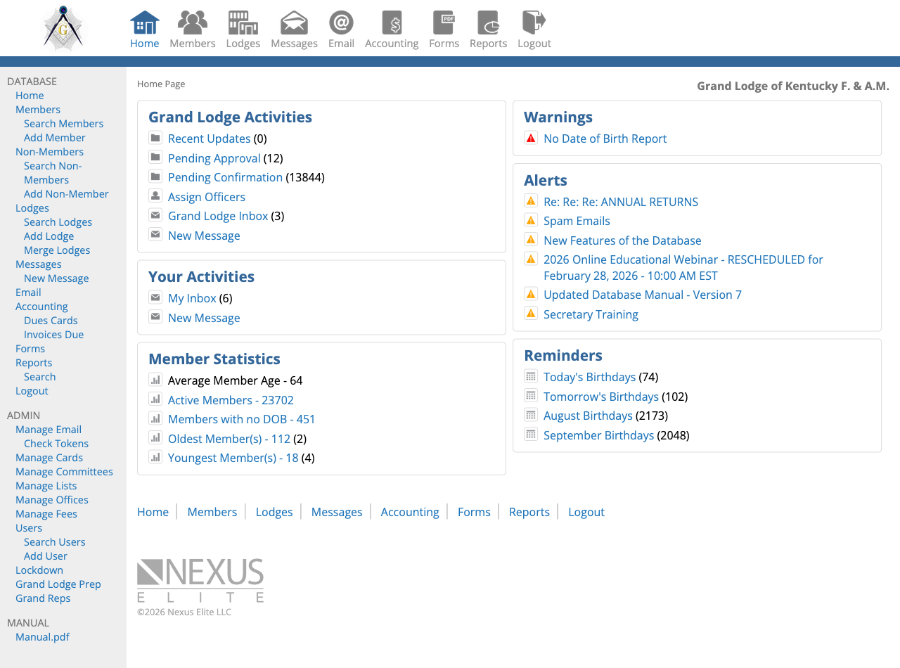 Nexus Elite Grand Lodge database home screen